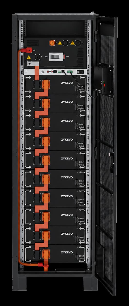 High-voltage LiFePO4 battery cabinet with door open, supplied product image