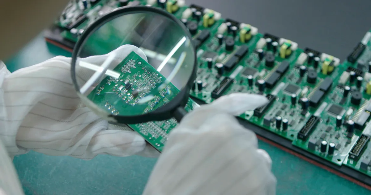 Gloved hands inspecting a circuit board with a magnifying glass