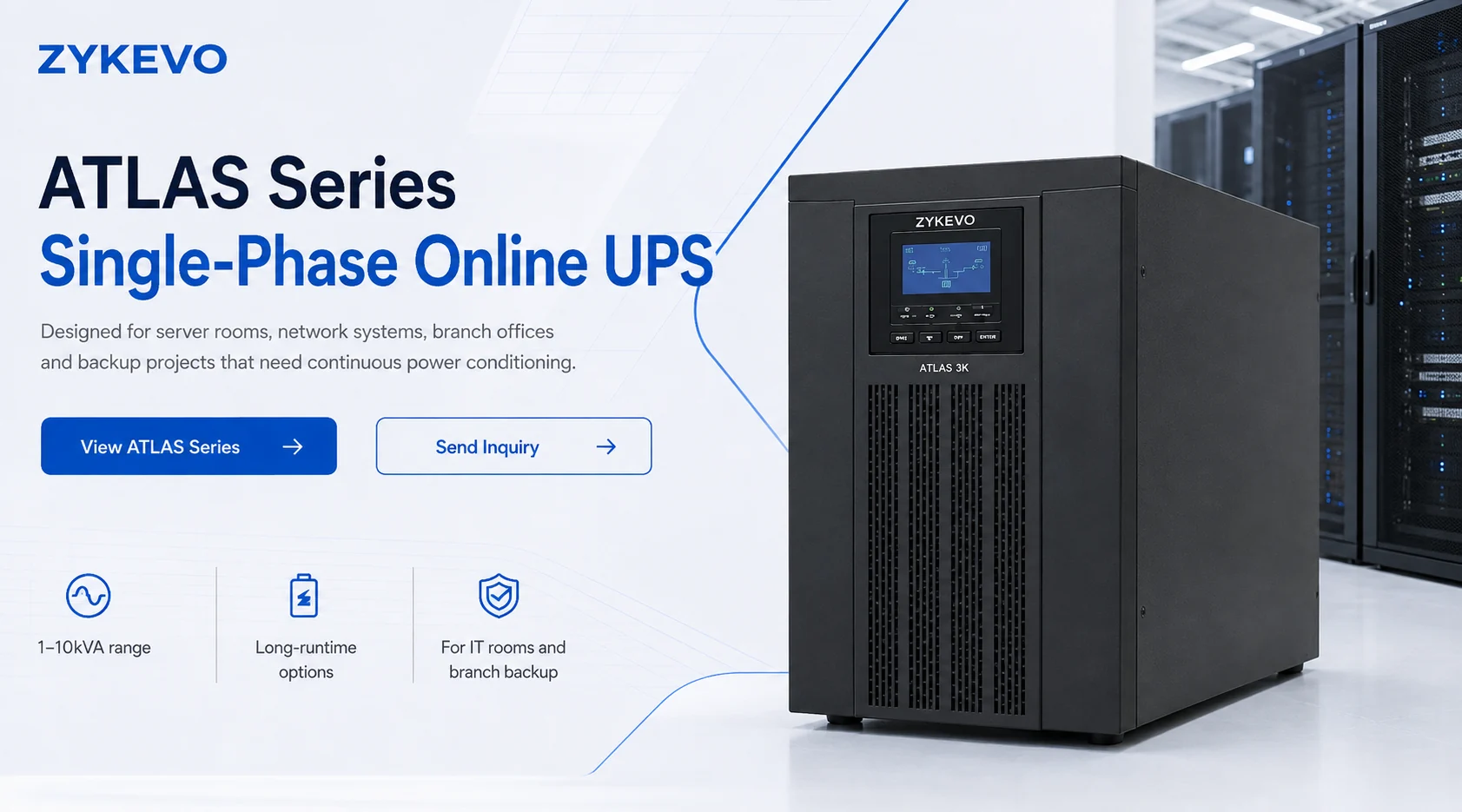 ZYKEVO ATLAS single-phase online UPS banner for server room and backup power projects