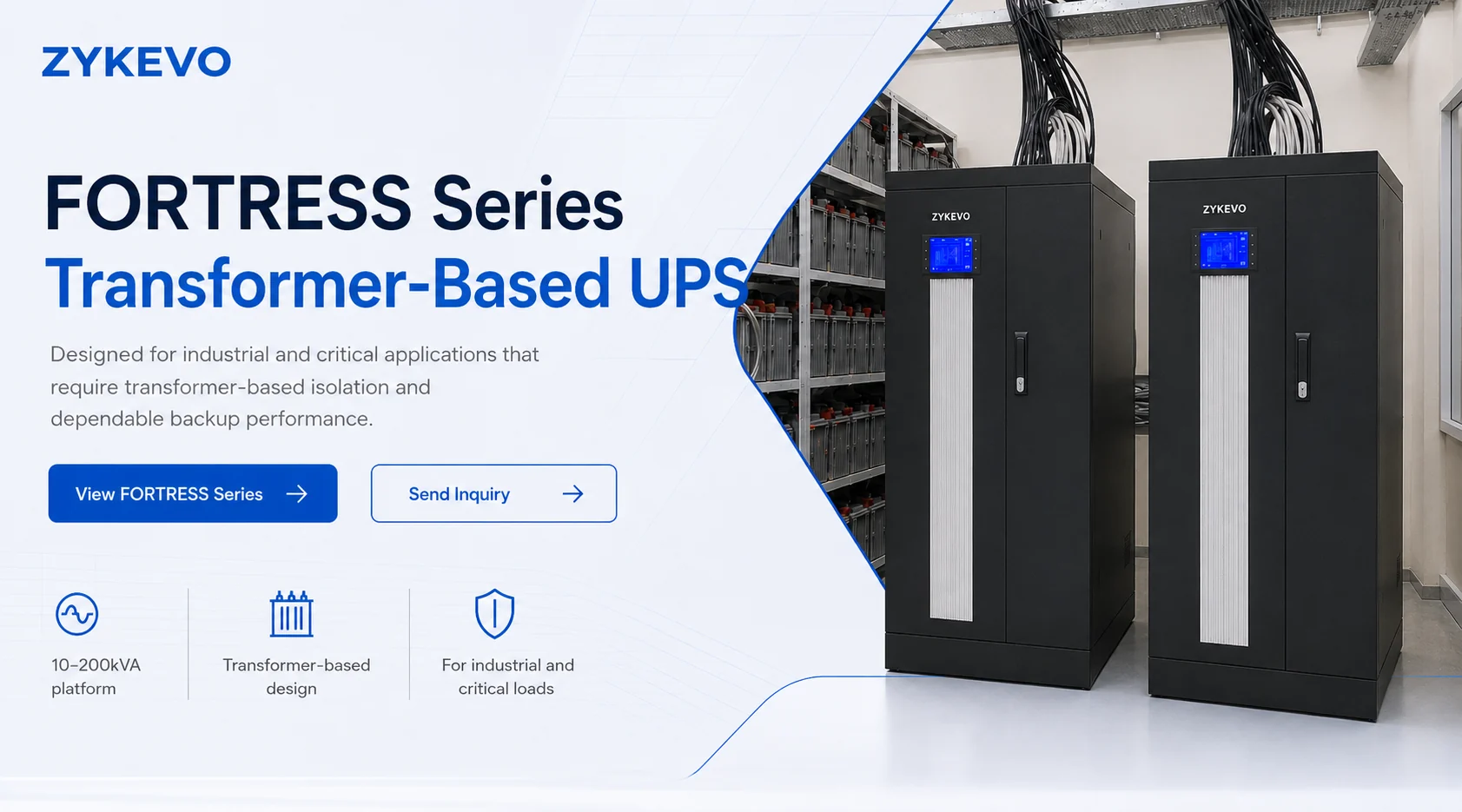 ZYKEVO FORTRESS transformer-based UPS banner for industrial and critical power projects