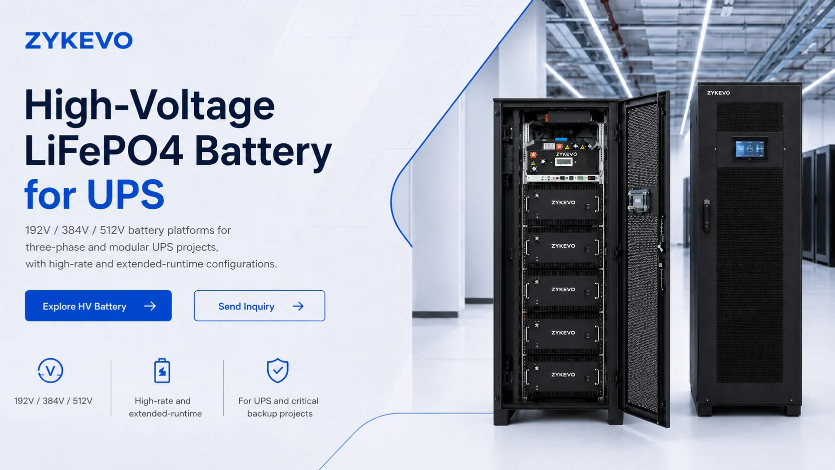 ZYKEVO high-voltage LiFePO4 battery for UPS with 192V 384V and 512V platforms