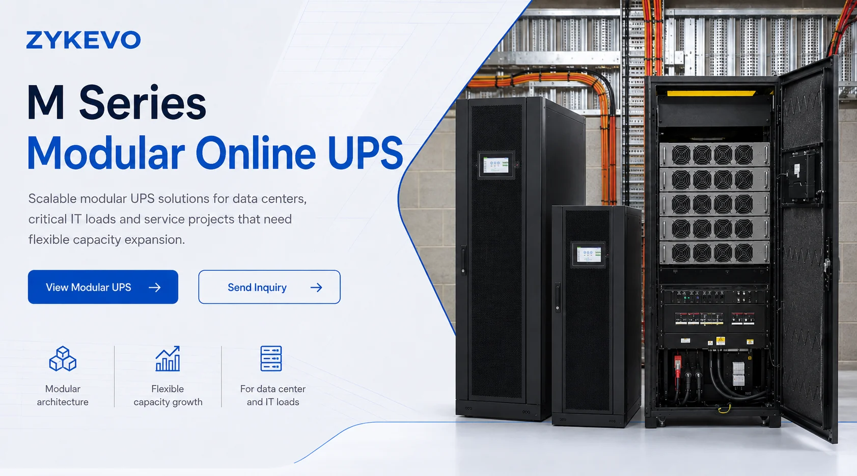 ZYKEVO M Series modular online UPS banner for data center and critical IT applications