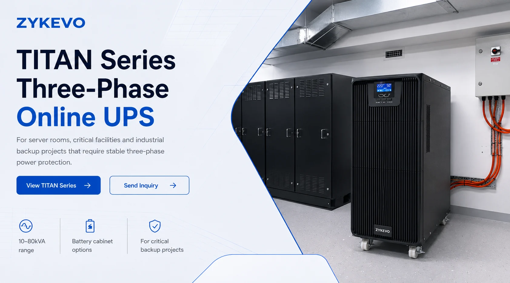 ZYKEVO TITAN three-phase online UPS banner for critical backup power projects
